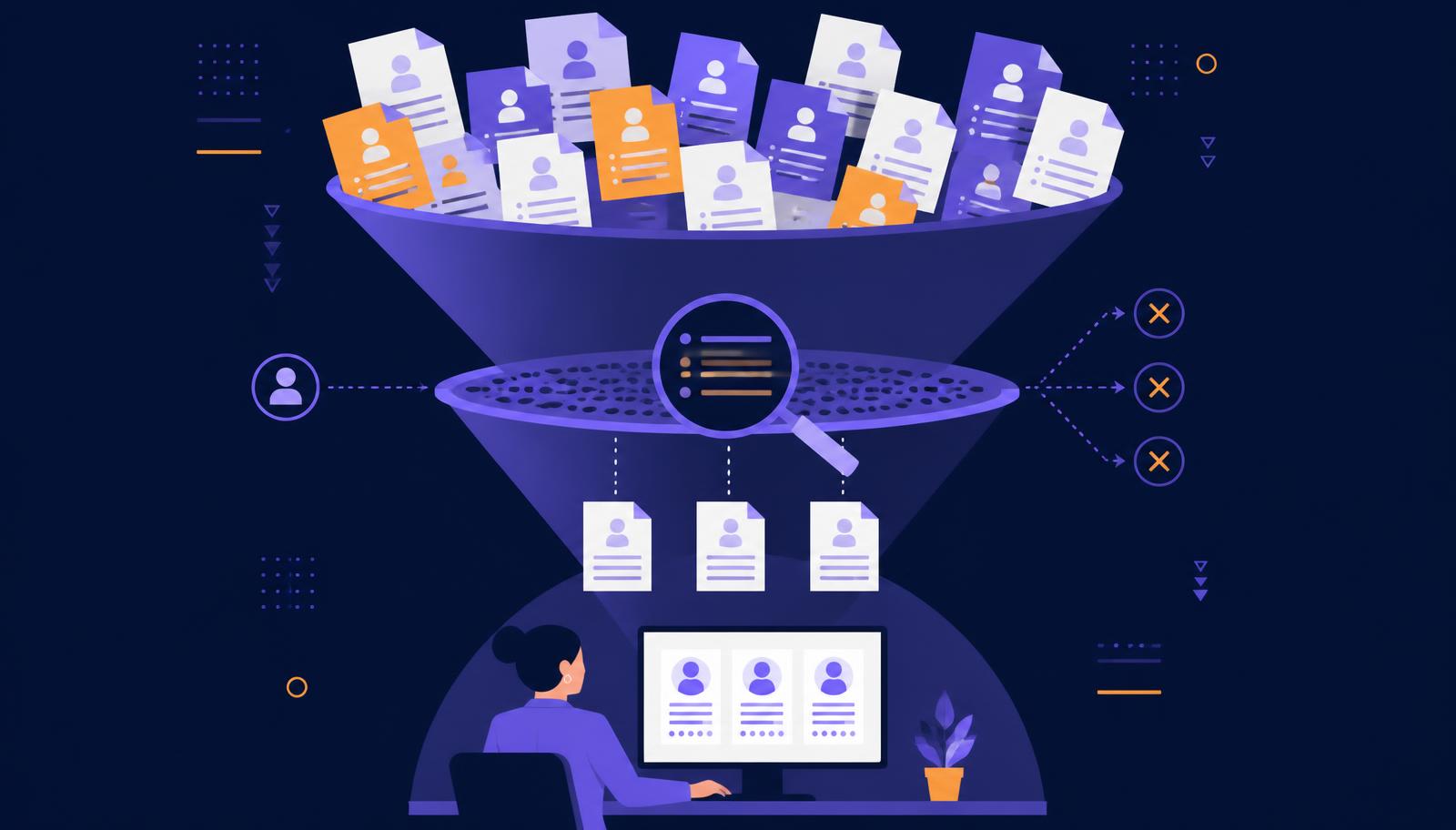 Funnel illustration showing many applications entering a keyword-matching layer, with only a few reaching a recruiter's screen.