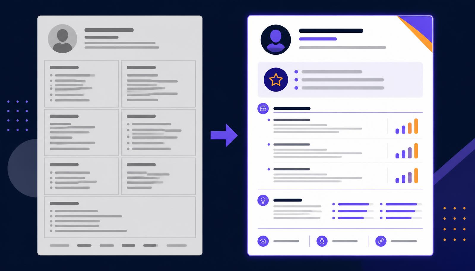 Side-by-side comparison of a flat, cluttered generic resume and a tailored version with reordered sections and quantified impact markers.